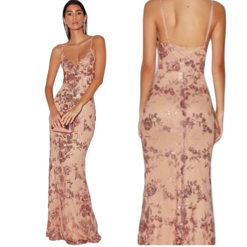 NWT LULUS SHINE LANGUAGE ROSE GOLD SEQUIN MERMAID MAXI DRESS XS